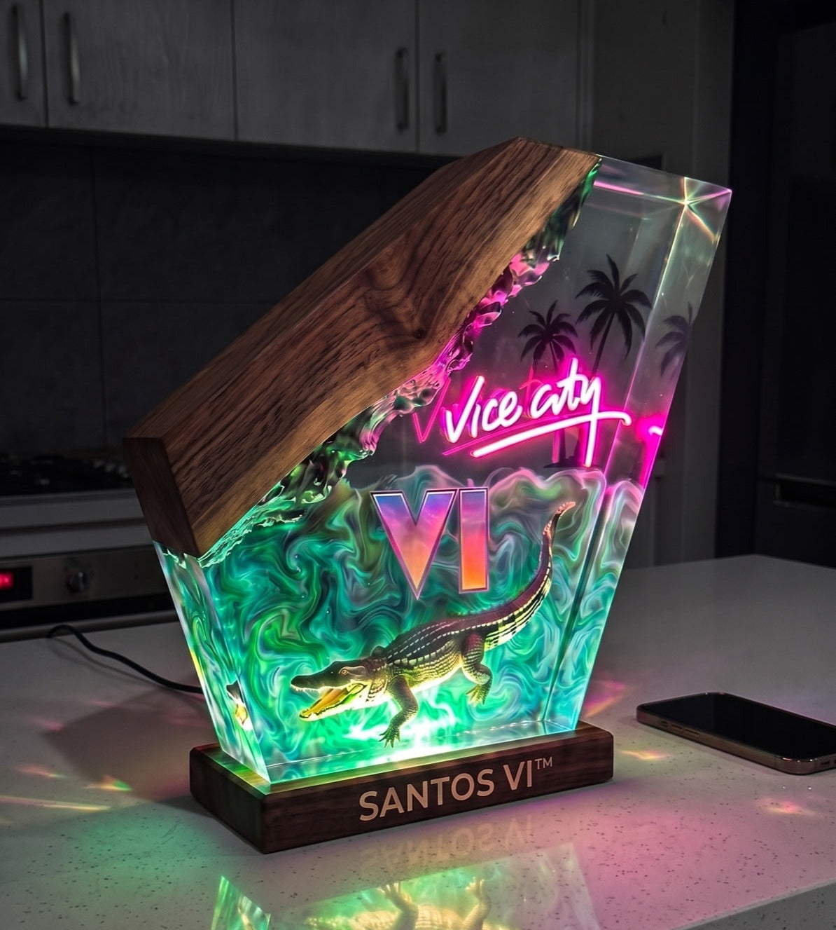 Santos VI LED resin lamp, Crocodile design, lit in a dark room